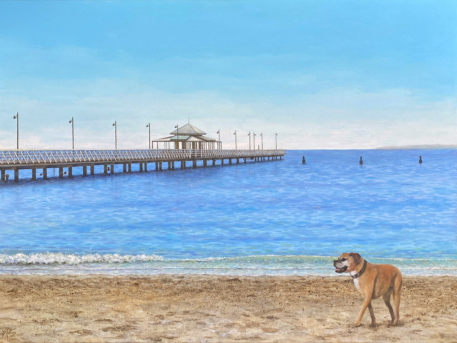 shorncliffe pier painting with boxer dog gus by jane mathers